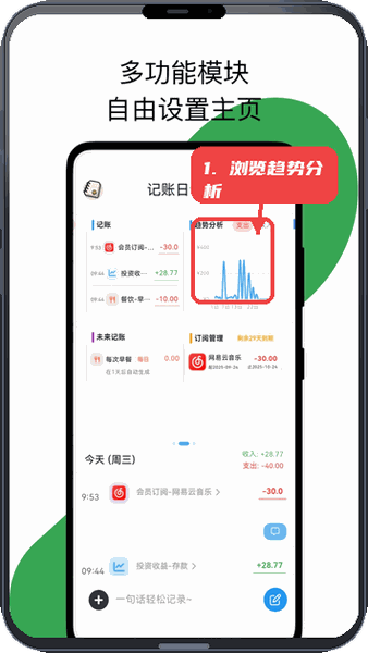 我的记账日记教程图:第四步,浏览趋势分析。 浏览趋势分析。