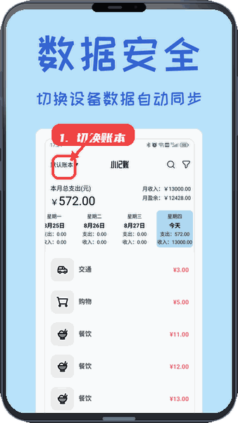 小记账教程图:第二步,切换账本。 切换账本。