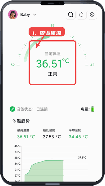测温宝教程图:第二步,查看实时体温。 查看实时体温。