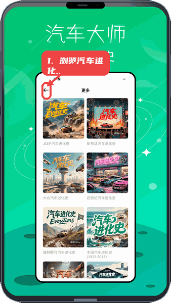 汽配宝教程图:第二步,浏览汽车进化史内容。 浏览汽车进化史内容。