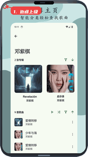 Go音乐播放器教程图:第四步,返回上级页面。 返回上级页面。
