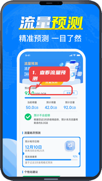 手机流量管家教程图:第三步,查看流量预测。 查看流量预测。