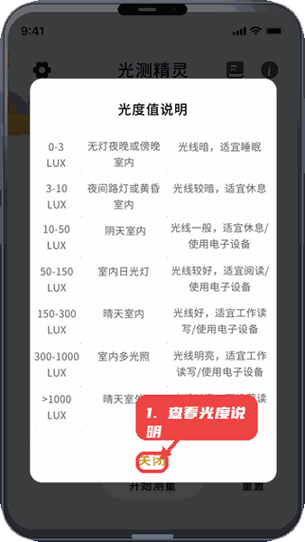 光测精灵教程图:第二步,查看光度说明。 查看光度说明。
