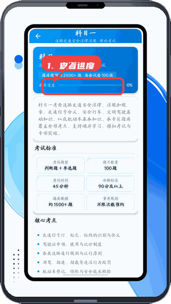 粤学车教程图:第二步,查看学习进度。 查看学习进度。