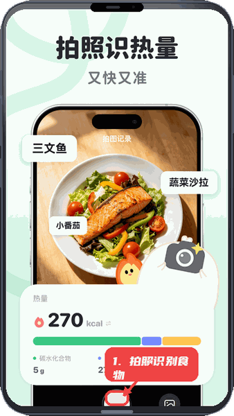 掉秤鸭教程图:第二步,使用拍照功能识别食物热量。 使用拍照功能识别食物热量。