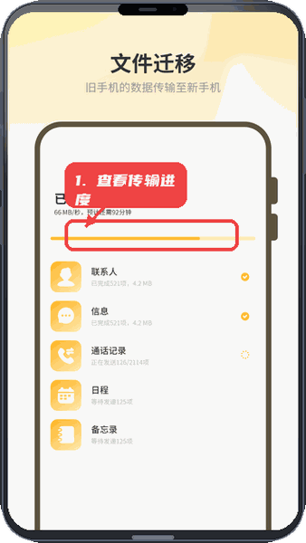 一键换机互传教程图:第四步,查看传输进度。 查看传输进度。