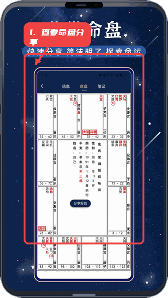 庄氏紫微教程图:第二步,查看命盘详情和分享。 查看命盘详情和分享。