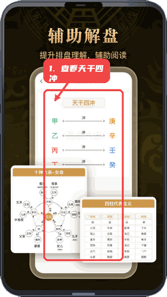 万宗排盘教程图:第四步,查看天干四冲关系。 查看天干四冲关系。