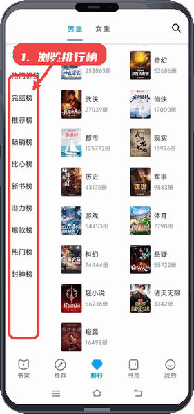 宝书阁教程图:第二步,浏览书籍排行榜。 浏览书籍排行榜。