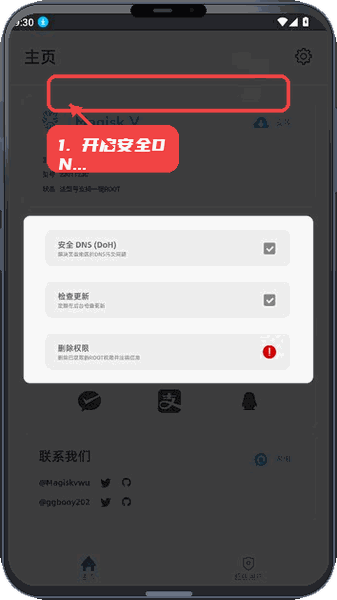 MagiskV教程图:第三步,开启安全DNS。 开启安全DNS。